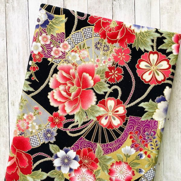 Tissu japonais 100 % coton éventails et fleurs fond noir