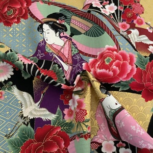 Tissu japonais, tissus japonais, tissu motifs ukiyoe, tissu fleurs, estampes japonaises motif ukiyo e japonaises vert image 5