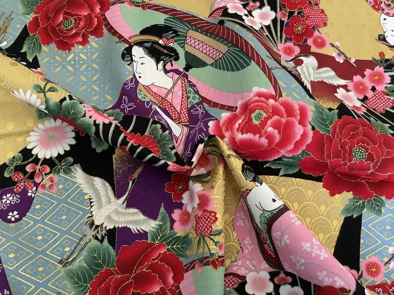 Tissu japonais, tissus japonais, tissu motifs ukiyoe, tissu fleurs, estampes japonaises motif ukiyo e japonaises vert image 5