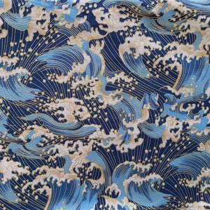 Tissu japonais, motifs vagues, bleu, tissus japonais, tissu coton, tissu patchwork, patchwork, vagues Motifs vagues or Umi bleu image 2