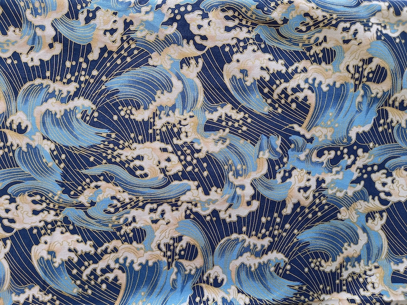 Tissu japonais, motifs vagues, bleu, tissus japonais, tissu coton, tissu patchwork, patchwork, vagues Motifs vagues or Umi bleu image 2