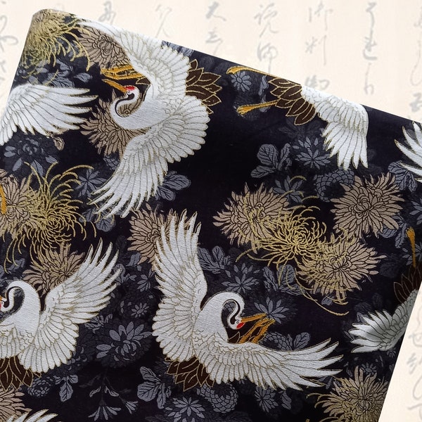 Japanese fabric, cotton fabric, Japanese fabrics, traditional, patchwork fabric, Japanese crane, cranes fabric, cranes - Black Tsuru