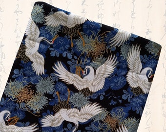 Tissu japonais, tissu coton, tissus japonais, traditionnel, tissu patchwork, grue japonaises, tissu grues, grues - Tsuru bleu