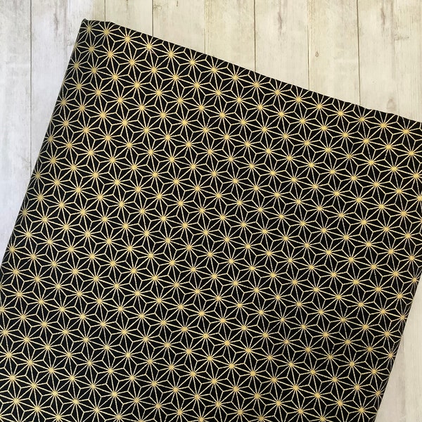 Tissu japonais 100 % coton motifs asanoha étoiles - noir et or
