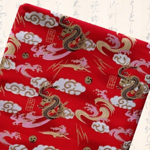 Japanese fabric, Japanese fabrics, dragon fabric, patchwork fabric, patchwork, dragon, clouds - Red Ryû to Kumo patterns