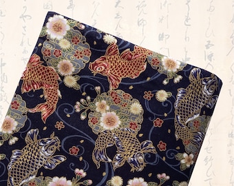 Tissu japonais, tissu coton, tissus japonais, tissu carpes, carpes koi, poisson japonais - tissu coton carpes koi  et fleurs fond marine