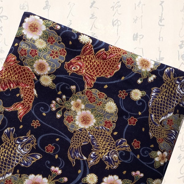 Tissu japonais, tissu coton, tissus japonais, tissu carpes, carpes koi, poisson japonais - tissu coton carpes koi  et fleurs fond marine