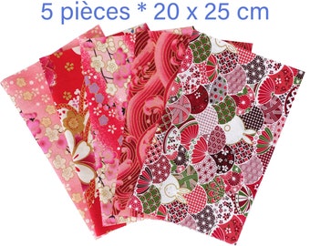 Tissu japonais, lot 5 coupons 20 x 25 cm, tissus japonais, tissu coton, mercerie, couture, bricolage - Rose