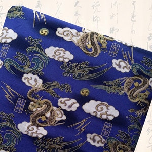 Japanese fabric, Japanese fabrics, dragon fabric, patchwork fabric, patchwork, dragon, clouds - Blue Ryû to Kumo patterns