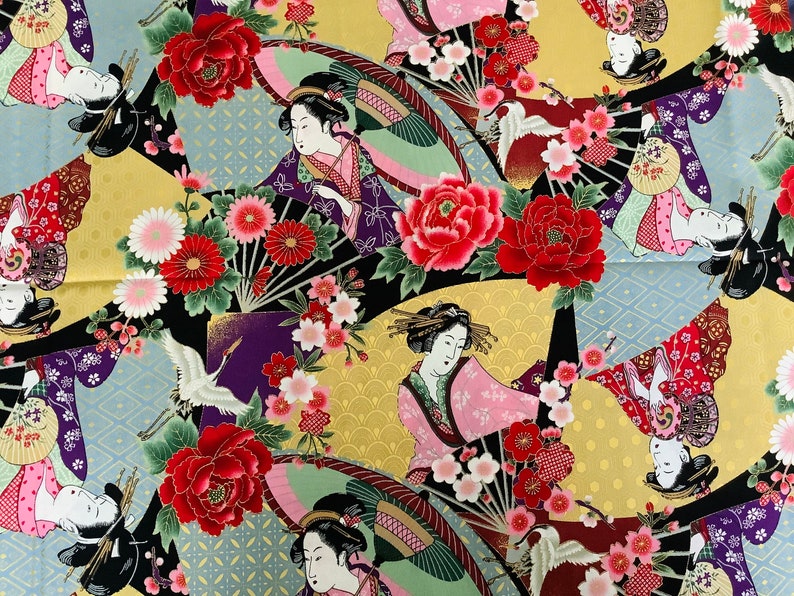 Tissu japonais, tissus japonais, tissu motifs ukiyoe, tissu fleurs, estampes japonaises motif ukiyo e japonaises vert image 4