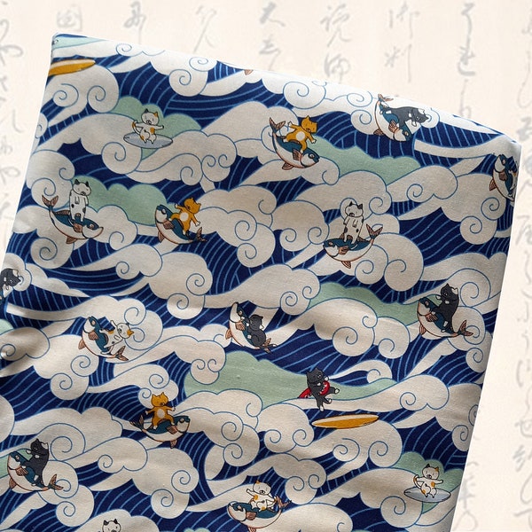 Japanese fabric, surfer cat fabric, blue, Japanese fabric, cotton fabric, wave cat patterns - surfer cat fabric and blue waves