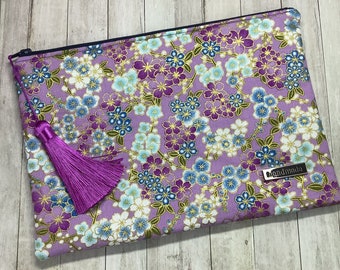 Pochette plate tissu japonais 24 x 17 cm - motifs diverses fleurs mauve lilas