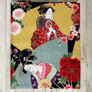 Tissu japonais, tissus japonais, tissu motifs ukiyoe, tissu fleurs, estampes japonaises motif ukiyo e japonaises vert image 2