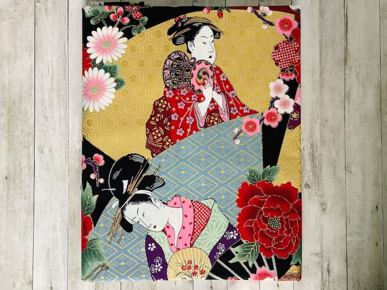 Tissu japonais, tissus japonais, tissu motifs ukiyoe, tissu fleurs, estampes japonaises motif ukiyo e japonaises vert image 2