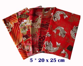 Tissu japonais, lot 5 coupons 20 x 25 cm, tissus japonais, tissu coton, mercerie, couture, bricolage, carpes et vagues rouges