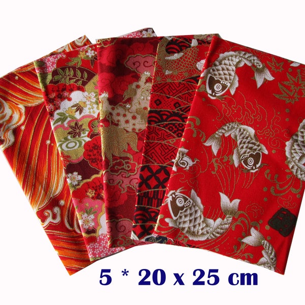 Tissu japonais, lot 5 coupons 20 x 25 cm, tissus japonais, tissu coton, mercerie, couture, bricolage, carpes et vagues rouges