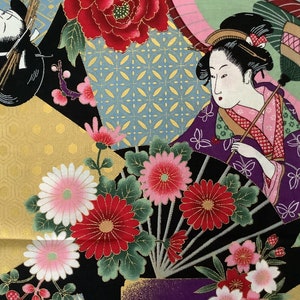 Tissu japonais, tissus japonais, tissu motifs ukiyoe, tissu fleurs, estampes japonaises motif ukiyo e japonaises vert image 3