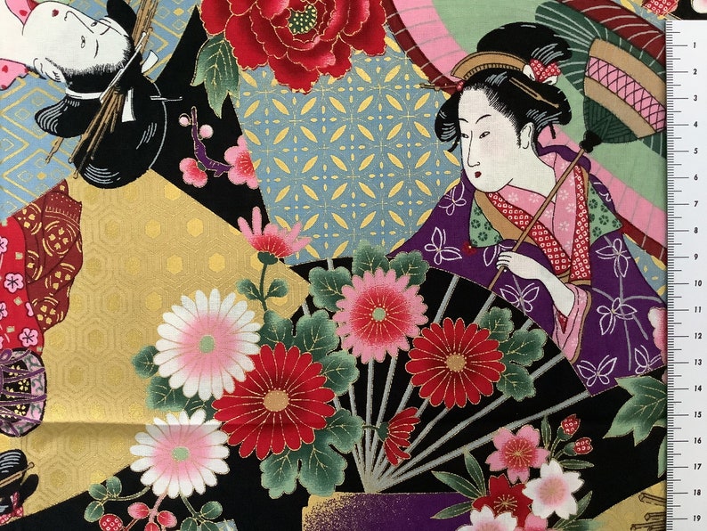 Tissu japonais, tissus japonais, tissu motifs ukiyoe, tissu fleurs, estampes japonaises motif ukiyo e japonaises vert image 3