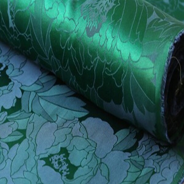 45 x 110 cm Brocart de soie, tissu brocart, vert, tissu fleurs, soie de coton - Brocart de soie de coton motifs grandes fleurs vertes