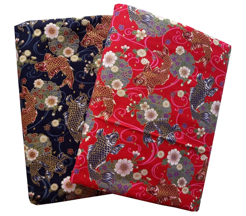 Tissu japonais, tissu coton, tissus japonais, tissu carpes, carpes koi, poisson japonais tissu coton carpes koi et fleurs fond marine image 6