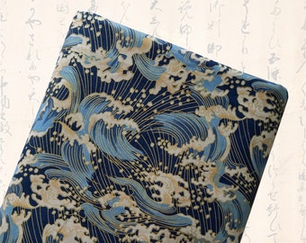 Tissu japonais, motifs vagues, bleu, tissus japonais, tissu coton, tissu patchwork, patchwork, vagues  - Motifs vagues or Umi bleu