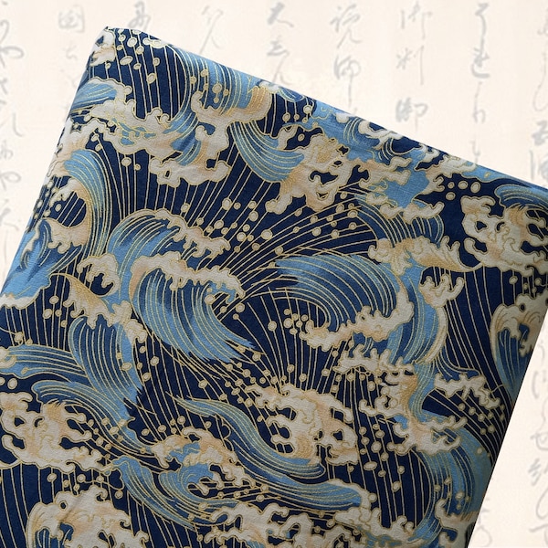 Tissu japonais, motifs vagues, bleu, tissus japonais, tissu coton, tissu patchwork, patchwork, vagues  - Motifs vagues or Umi bleu