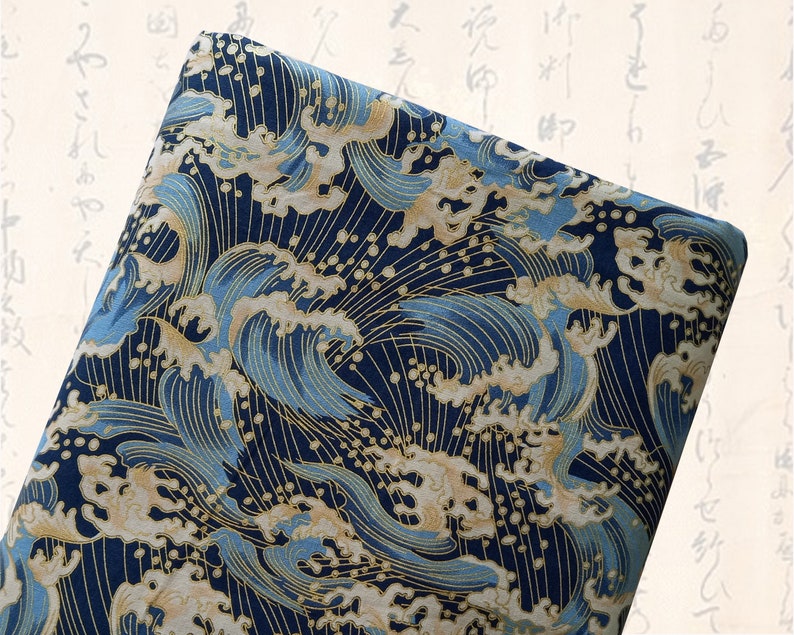 Tissu japonais, motifs vagues, bleu, tissus japonais, tissu coton, tissu patchwork, patchwork, vagues Motifs vagues or Umi bleu image 1