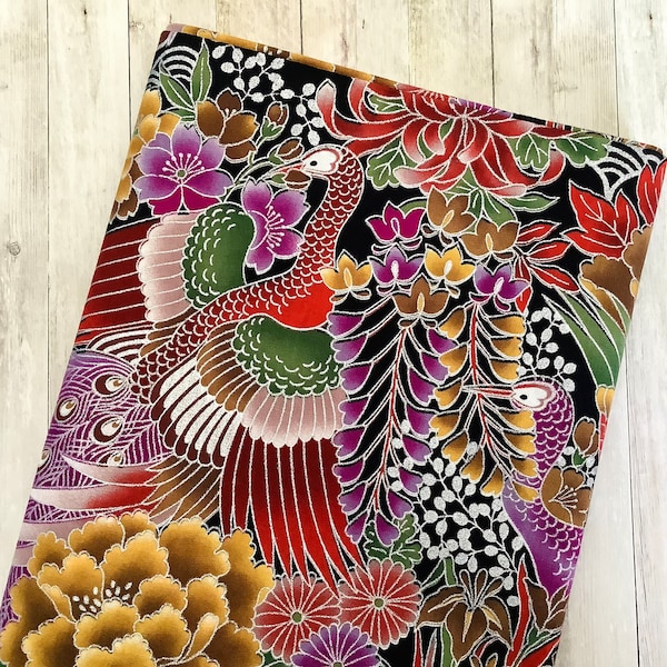 Tissu japonais 100 % coton motifs paons - rouge, vert et argent