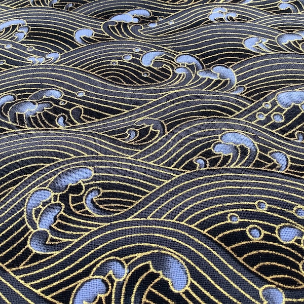 Japanese fabric, wave patterns, Black, Japanese fabrics, cotton fabric, patchwork fabric, patchwork, waves - Black Umi gold wave patterns