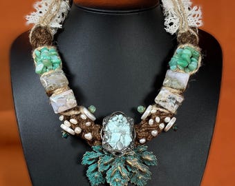 Limited edition, Unique Statement Necklace, Boho Forest Spirit Necklace, Chrysoprase Pearl & Sakura Agate