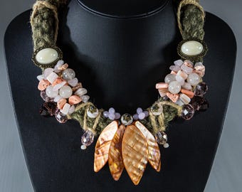Handmade Boho Statement Necklace, Unique Bead Necklace, Agate Rose Quartz, Gift for her