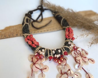 Handmade red jewelry,  Handwoven statement necklace with pearl, gift for her