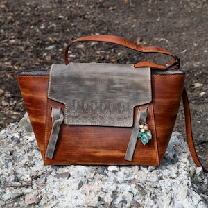 Handmade Leather Hobo Bag: Brown & Gray Satchel with Stone Ornament