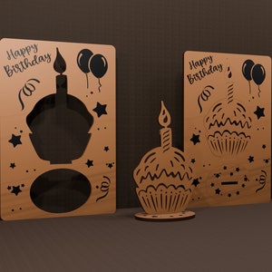 Verjaardagscadeau SVG pop-up kaart verjaardagscadeaus houten cupcake SVG-bestand voor lasergesneden verjaardagscadeau voor haar Cupcake Happy Birthday