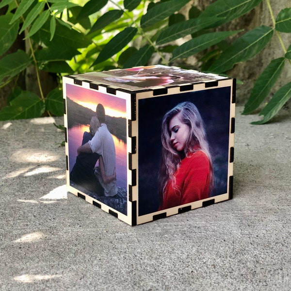 Persoanlized photo cube, 6 side photo cube, custom gift for her, gift for loved one, gift for him, photo on wood