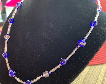 17 inch NECKLACE   with 7 mm cobalt blue glass beads and painted ceramic beads