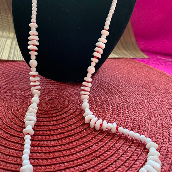 30" WHITE GLASS BEADS necklace with small red glass spacers