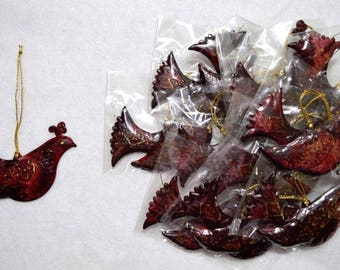 Set of 12 vintage burgundy and gold metal tin 2.5" Partridge Christmas tree ornaments