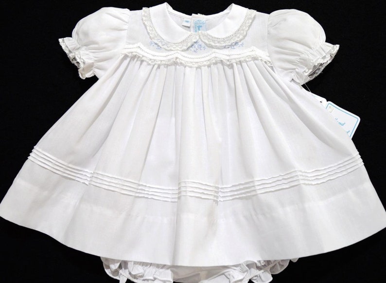 Newborn girls 2pc white basiste baby dress with blue floral hand embroidery French lace trim~Easter~Take Me Home