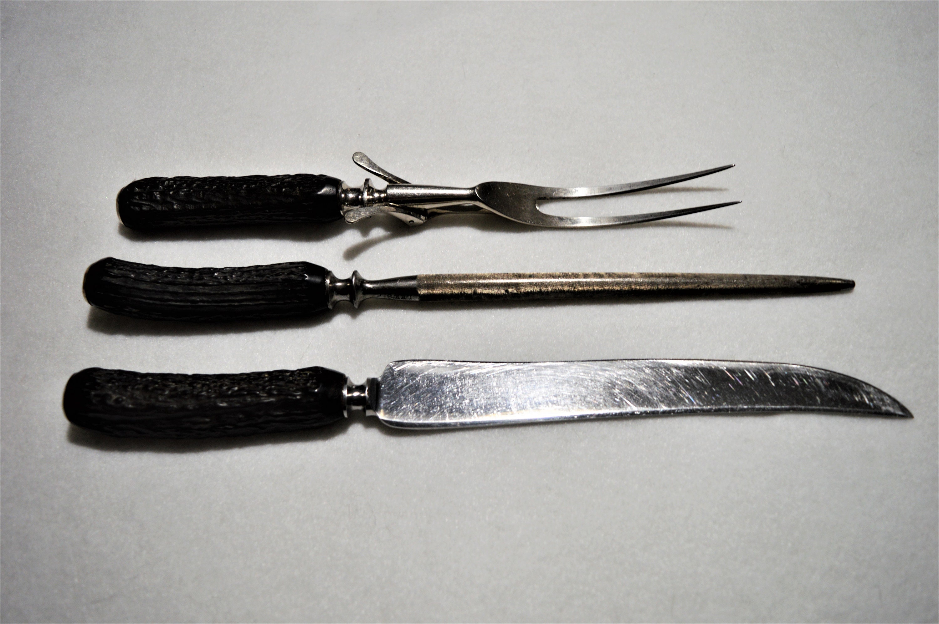 Vintage Lee's Carving Set Antler Style Knife Sharpener Fork Carving