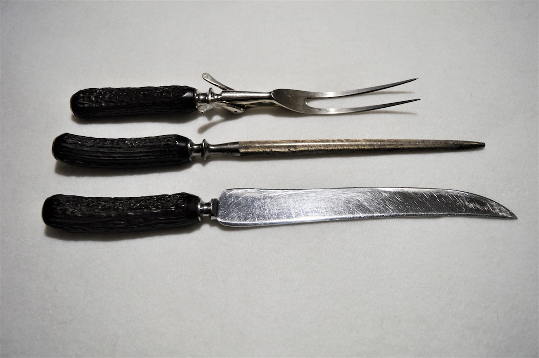 Vintage Lee's Carving Set Antler Style Knife Sharpener Fork Carving Set Etsy