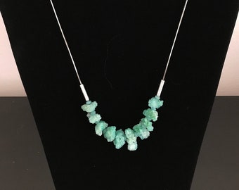 One of a Kind, Druzy Freeform Blue-Green Agate and Sterling Silver Necklace