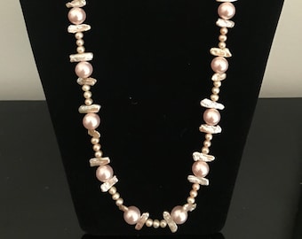 Pale Pink Freshwater Pearls, Keshi Pearls and Swarovski Crystal Pearls Long Necklace