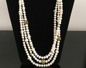 Mixed Natural White Pearls, Swarovski Pearls, Golden Accents Long Necklace