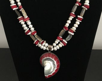 Cultured Pearls, Abalone and Coral Beads,  Abalone and Silver Pendant Necklace