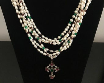Pearls, Garnet and Emerald Gemstones Necklace with  Sterling Silver Emerald and Topaz Cross Pendant