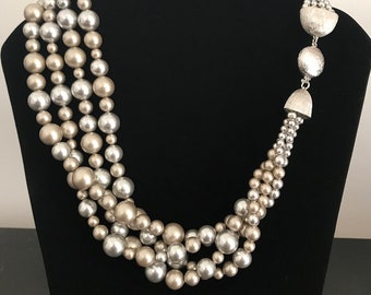 4 Row Mixed Swarovski Crystal Grey Pearls Necklace  Rhodium Plated Clasp with structured surface 20 inch