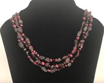 Ruby Rough Garnet and Garnet Gemstones, Faceted Freshwater Pearls Necklace