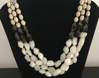 3 Row Assorted Gemstones Necklace, White Agate, Smoky Quartz, Crystal Quartz, Ceramic Art Beads