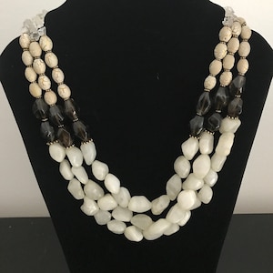 3 Row Assorted Gemstones Necklace, White Agate, Smoky Quartz, Crystal Quartz, Ceramic Art Beads image 1